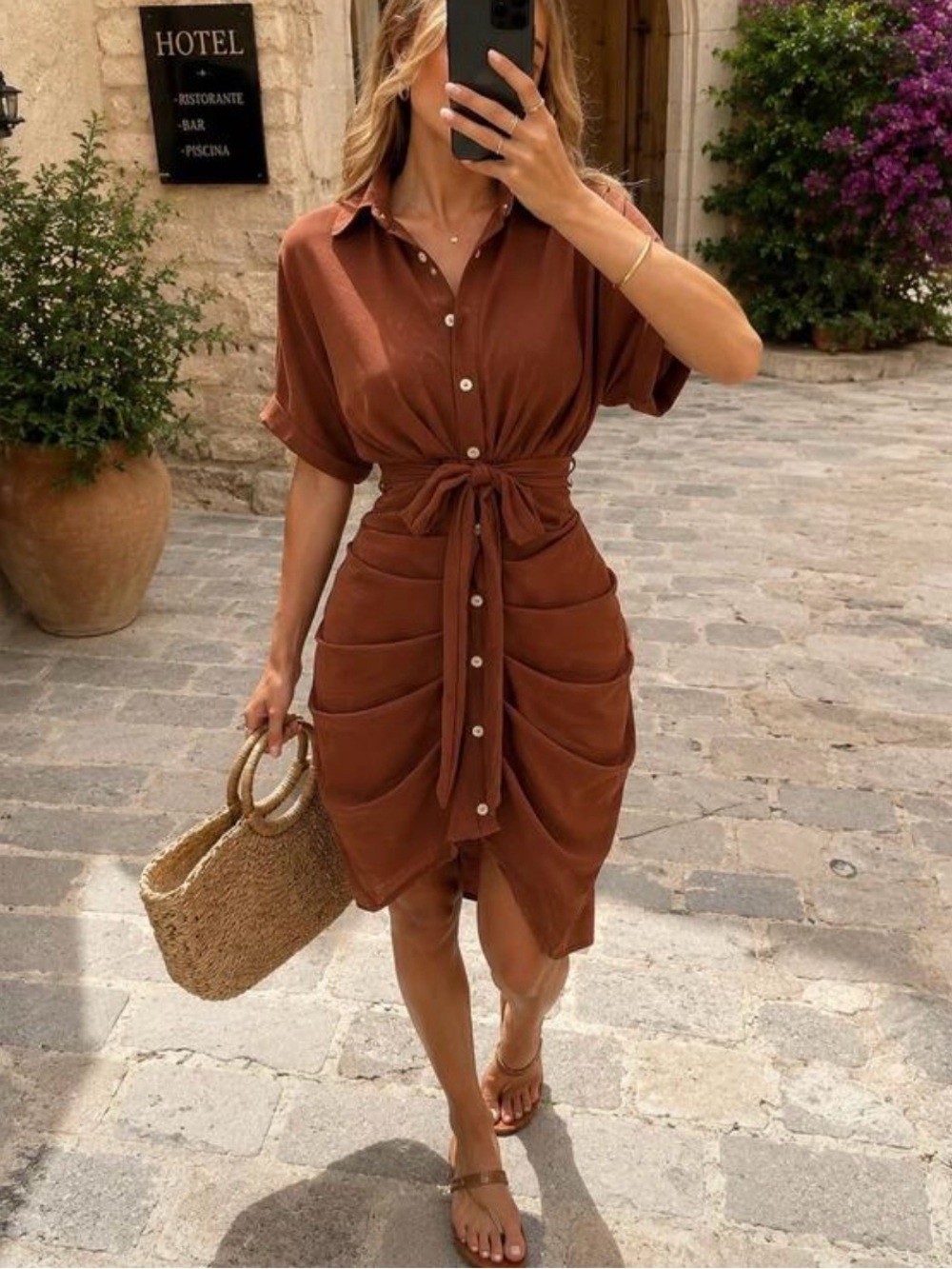 SHEIN Rust Brown Tie-Front Button Midi Shirt Dress